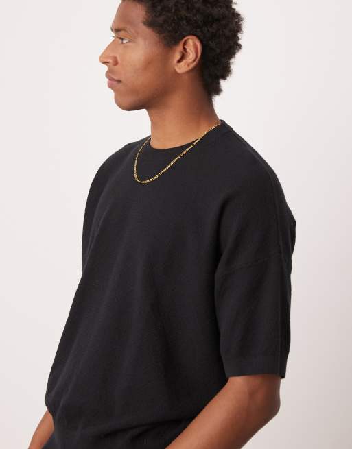 ASOS DESIGN – Gestricktes Oversize-T-Shirt in Schwarz mit Pikee-Struktur , 4 von 4