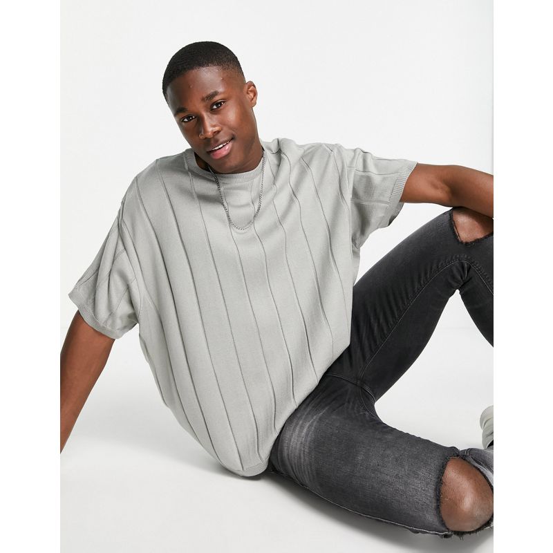 DESIGN – Gestricktes Oversize-T-Shirt mit breitem Rippenmuster in Grau