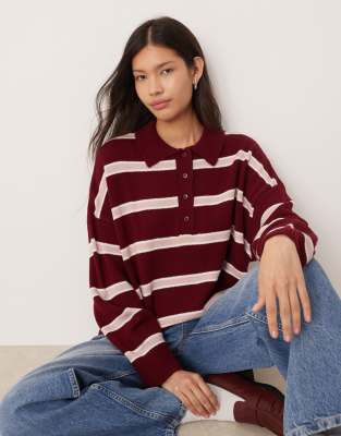 ASOS DESIGN - Gestricktes Polo-Oberteil in gestreiftem Burgunderrot