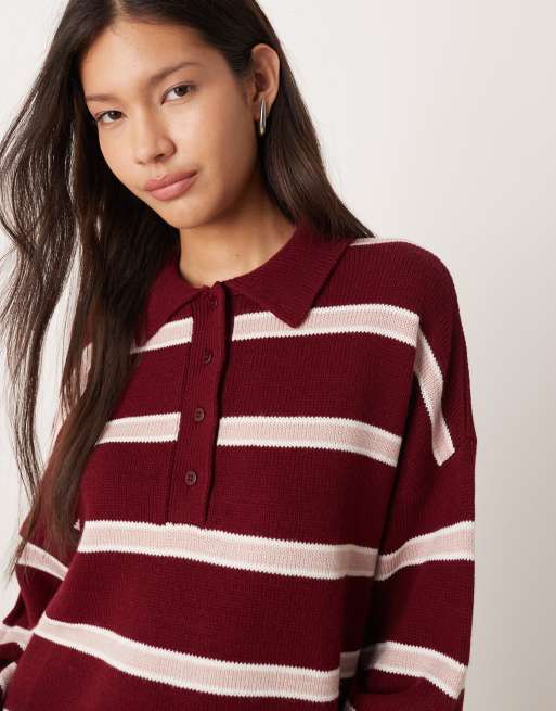 ASOS DESIGN – Gestricktes Polo-Oberteil in gestreiftem Burgunderrot, 3 von 4