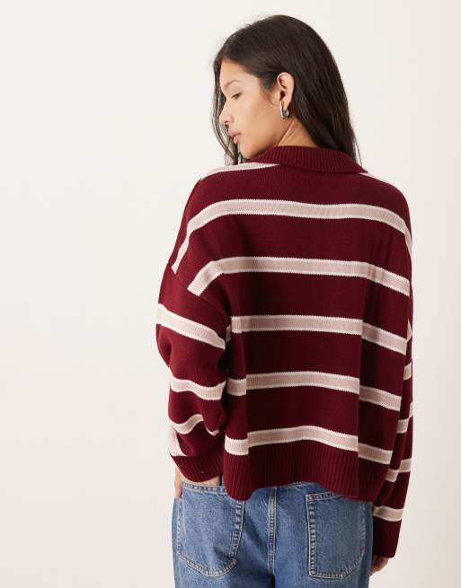 ASOS DESIGN – Gestricktes Polo-Oberteil in gestreiftem Burgunderrot, 4 von 4