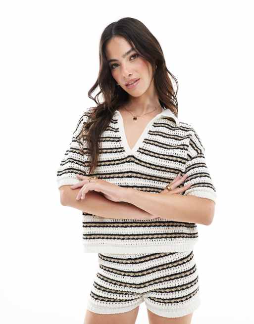 ASOS DESIGN – Gestricktes Polo-Oberteil mit Streifen in Schwarz-Weiß, Kombiteil