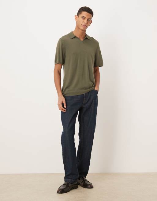 ASOS DESIGN – Gestricktes Polohemd aus reiner Merinowolle in Khaki mit eingekerbtem Ausschnitt, 2 von 5