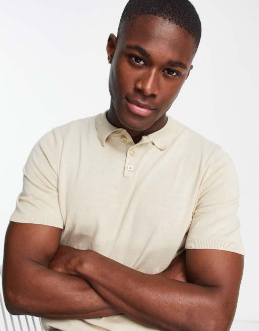 ASOS DESIGN – Gestricktes Polohemd in Hellbeige