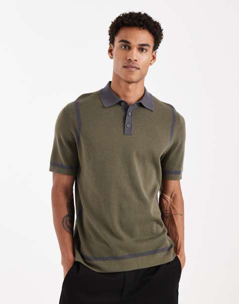 ASOS DESIGN – Gestricktes Polohemd in Khaki mit Einsätzen in Grau - view 1