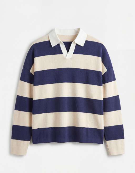 ASOS DESIGN – Gestricktes Relaxed-Fit-Polohemd in Marineblau und Ecru gestreift mit eingekerbtem Ausschnitt, 6 von 7