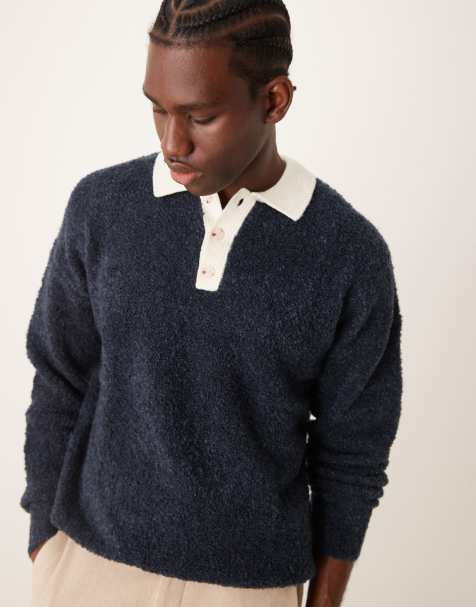 ASOS DESIGN – Gestricktes, strukturiertes Rugby-Polohemd in Marineblau mit lockerem Schnitt - view 1