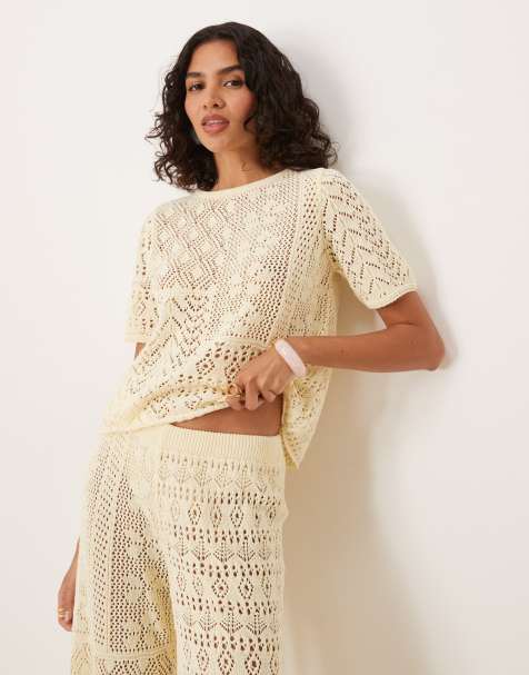 ASOS DESIGN – Gestricktes T-Shirt in Ecru, Kombiteil - view 1
