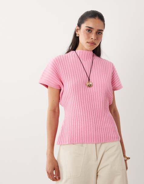 ASOS DESIGN gestricktes, tailliertes Oberteil mit Falten in Pink - view 1
