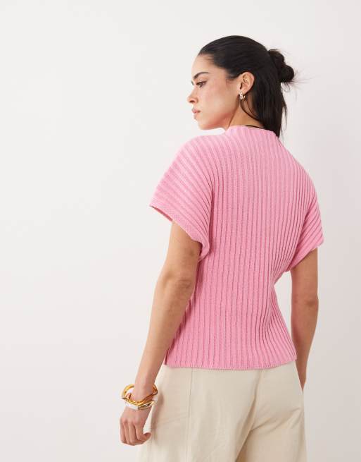 ASOS DESIGN gestricktes, tailliertes Oberteil mit Falten in Pink, 4 von 4