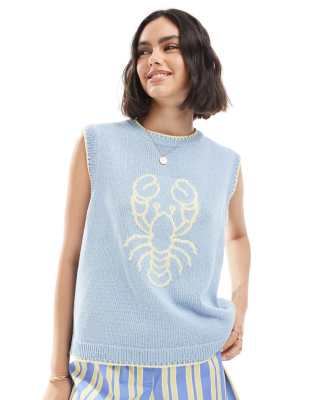 ASOS DESIGN - Gestricktes Tanktop in Blau mit Hummermotiv-Bunt