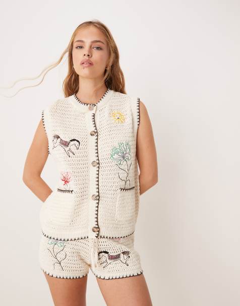 ASOS DESIGN – Gestricktes Tanktop in Ecru mit Stickerei, Kombiteil - view 1
