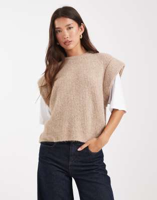 ASOS DESIGN - Gestricktes Tanktop in Mokka mit Ärmeln aus Jersey-Brown