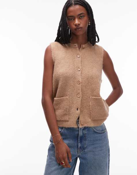 ASOS DESIGN – Gestricktes Tanktop in Mokkabraun mit aufgesetzten Taschen - view 1