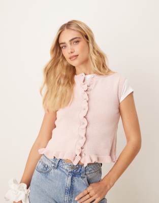 ASOS DESIGN - Gestricktes Tanktop in Rosa mit Rüschenkante