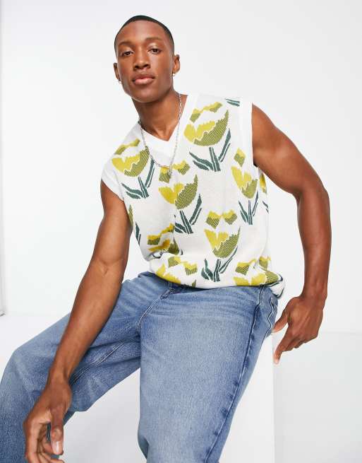 ASOS DESIGN – Gestricktes Tanktop in Weiß mit Tulpenmuster