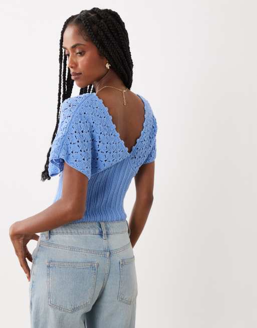 ASOS DESIGN gestricktes Top mit tiefem Ausschnitt und Taillenraffung in Aqua, 4 von 4
