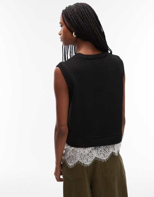 ASOS DESIGN – Gestricktes Wollmix-Tanktop in Schwarz mit Spitzenborte, 4 von 4