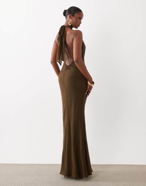 ASOS DESIGN - Gestrikte maxi jurk met halternek in kaki - view 1