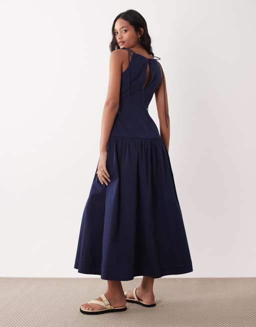 ASOS DESIGN gestructureerde katoenen maxi-zomerjurk met strik, verlaagde taille in navy, 3 van 4