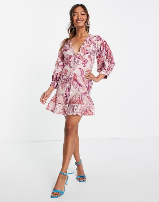 ASOS DESIGN - Gestructureerde mini jurk met palmprint, kanten rand en pofmouwen