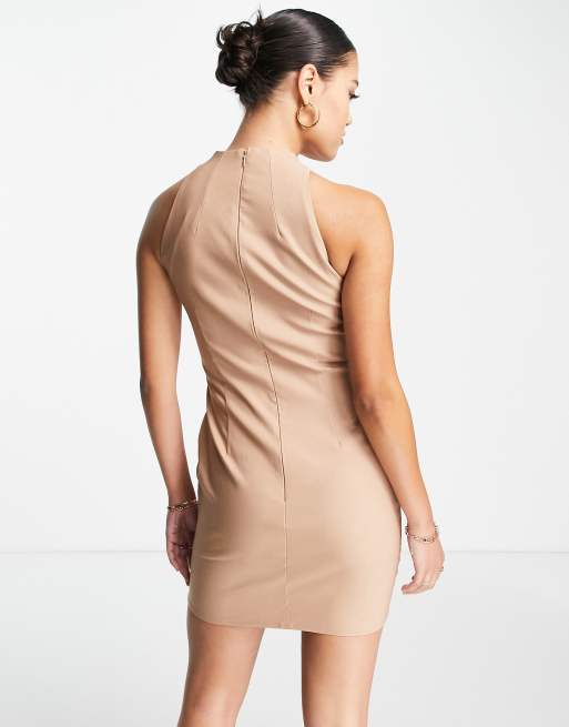 ASOS DESIGN - Gestructureerde mini jurk met racerhals en split in camel, 2 van 4