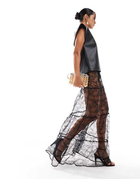 ASOS DESIGN – Gestufter Maxirock aus Spitze in Schwarz - view 1