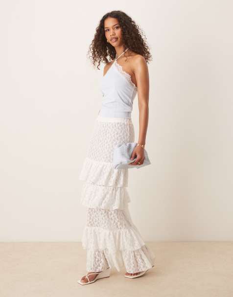 ASOS DESIGN – Gestufter Maxirock aus Spitze in Weiß - view 1