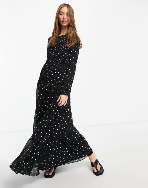 ASOS DESIGN – Gestuftes, gekräuseltes Maxikleid mit schwarzweißem Punktmuster