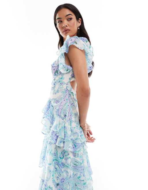 ASOS DESIGN – Gestuftes Maxikleid in Blau mit Rüschen, tiefer Taille und Blumenmuster, 2 von 4