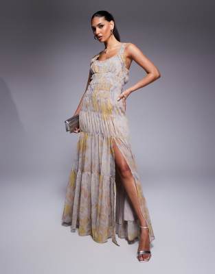 ASOS DESIGN - Gestuftes Maxikleid mit Blumenmuster und Rüschensaum-Bunt