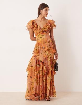 ASOS DESIGN - Gestuftes Midaxi-Kleid in Gelb mit U-Ausschnitt, Blumenmuster, Rüschen und Flatterärmeln-Bunt