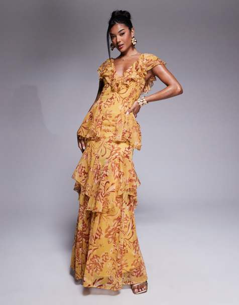 ASOS DESIGN – Gestuftes Midaxikleid in Senfgelb geblümt mit U-Ausschnitt, Rüschen und Flatterärmeln - view 1
