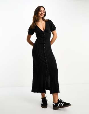 ASOS DESIGN - Gestuftes Midi-Freizeitkleid in Schwarz mit Knopfleiste-Black