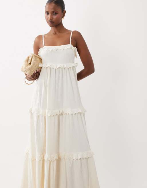 ASOS DESIGN – Gestuftes Midi-Trägerkleid in cremeweißer Knitteroptik mit Spitzenbesatz, 2 von 4
