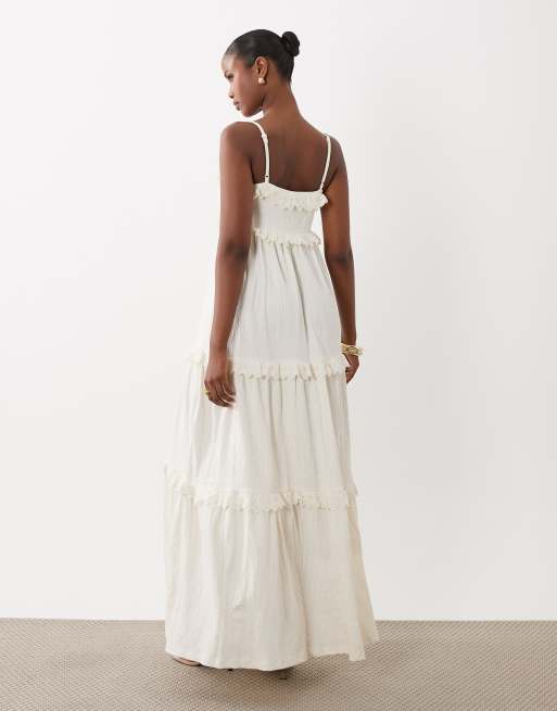 ASOS DESIGN – Gestuftes Midi-Trägerkleid in cremeweißer Knitteroptik mit Spitzenbesatz, 4 von 4