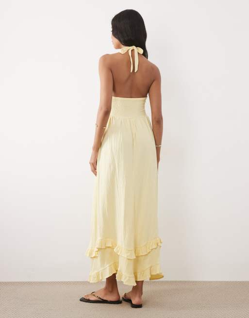 ASOS DESIGN – Gestuftes Midikleid in Buttermilchgelb mit Neckholder-Träger und Häkeldetail, 4 von 4