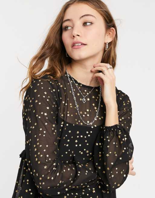 ASOS DESIGN – Gestuftes Mini-Hängerkleid mit metallischem Sternenmuster auf schwarzem Grund, 3 von 4