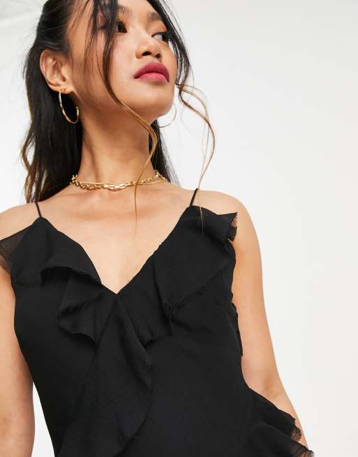 ASOS DESIGN – Gestuftes Mini-Slipkleid mit schmalen Trägern und Volants in Schwarz, 3 von 4