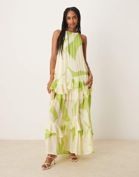 ASOS DESIGN – Gestuftes Neckholder-Maxikleid in Grün mit Rüschen und abstraktem Print - view 1