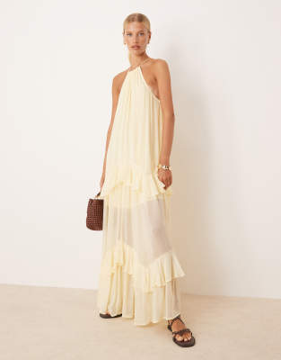 ASOS DESIGN - Gestuftes Neckholder-Maxikleid in Zitronengelb mit Rüschen