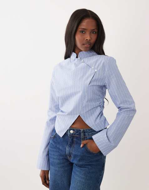 ASOS DESIGN - Getailleerd aansluitend overhemd met mandarijnkraag in blauw gestreept - view 1