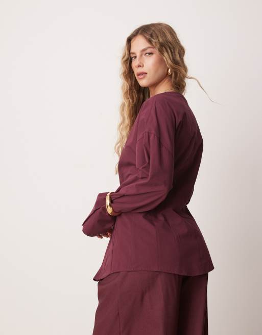 ASOS DESIGN - Getailleerd poplin overhemd zonder kraag in pruimenpaars, 3 van 4