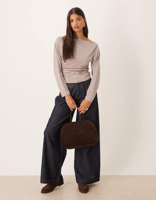 ASOS DESIGN - Getailleerde asymmetrische gestreepte top met lange mouwen in bruin, 3 van 4