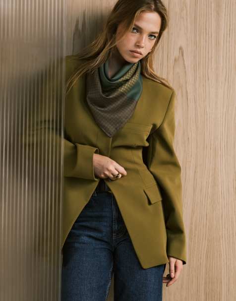 ASOS DESIGN - Getailleerde blazer met hoge sluiting zonder kraag in olijfgroen - view 1