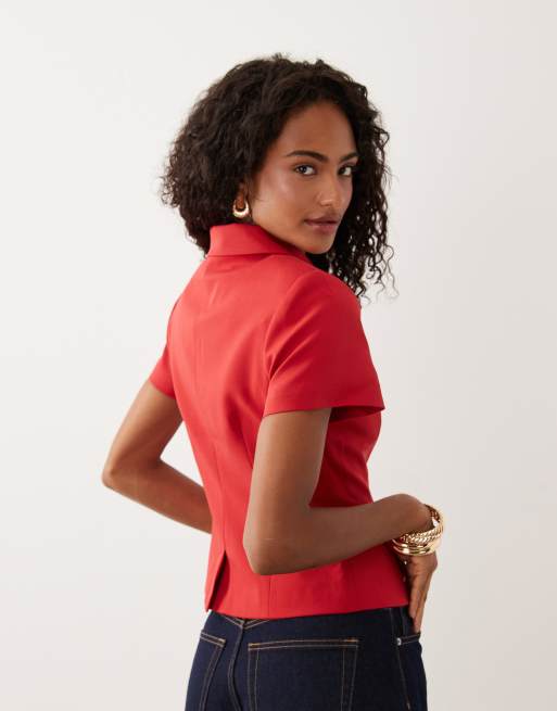 ASOS DESIGN - Getailleerde blazer met korte mouwen en kraagje in rood, 3 van 4