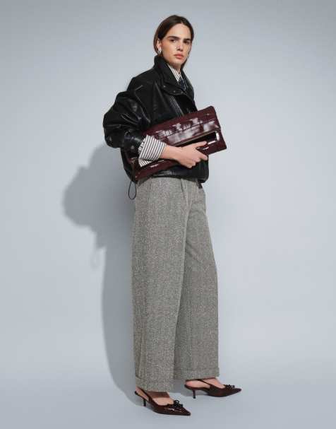 ASOS DESIGN getailleerde broek met wollook en barrel-pijpen in monochrome visgraat - view 1