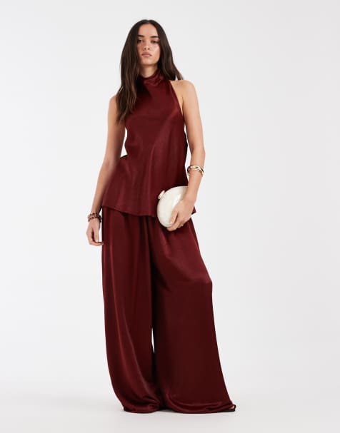ASOS DESIGN - Getailleerde co-ord set van zachte satijnen top met halternek en palazzobroek in baksteenrood - view 1