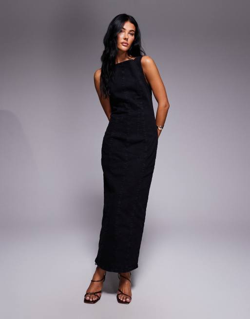 ASOS DESIGN - Getailleerde denim maxi-jurk met split aan de voorkant in zwart met wassing, 3 van 4