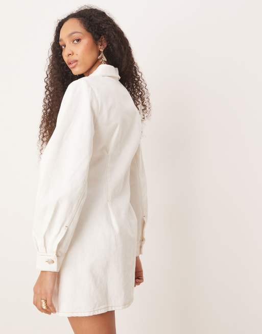 ASOS DESIGN - Getailleerde denim overhemdjurk met ronde mouwen in ecru, 3 van 4
